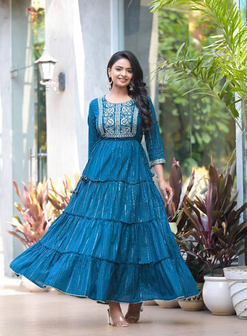 Varanga Teal Zari & Gotta Embellished Tiered Dress